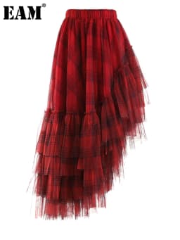 [EAM] High Elastic Waist Red Plaid Mesh Irregular Long Casual Half-body Skirt Women Fashion Tide New Spring Autumn 2026 1DF1247