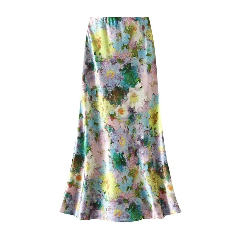 Women Luxury Pastel Floral Satin Long Skirts 2026 Spring Summer High Waist Elegant Chic Faldas