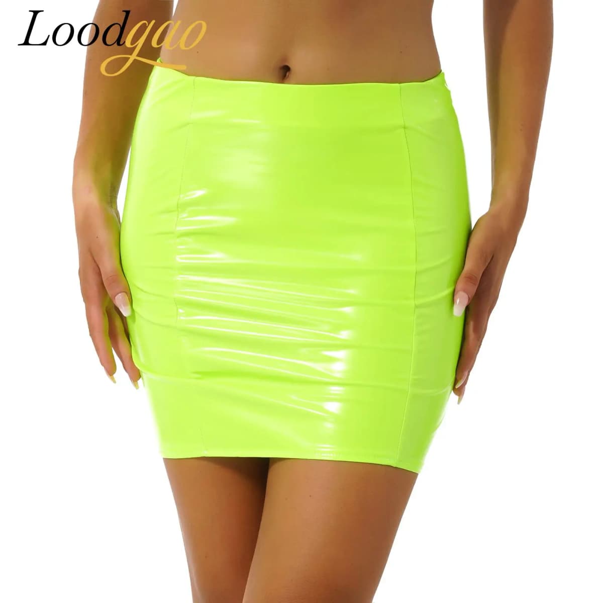 Women Pencil Skirt Wet Look Latex Skirt Patent Leather Elastic Waistband Miniskirt Solid Color Sexy Shiny Skirts Glossy Clubwear