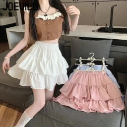 Cute Tiered Ruffle Skirt Women's Flounced A-line Puffy Short Skirts Stretchy High-Waist Mini Skirt Babes Korean Fashion Clothing
