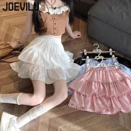 Cute Tiered Ruffle Skirt Women's Flounced A-line Puffy Short Skirts Stretchy High-Waist Mini Skirt Babes Korean Fashion Clothing