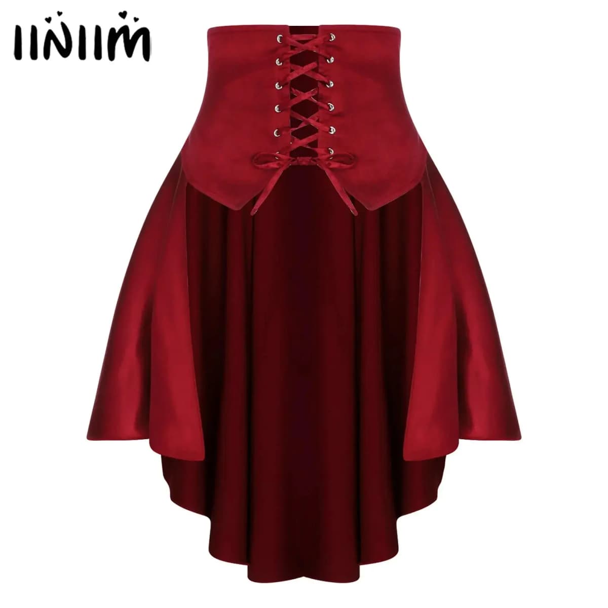 Womens Gothic Steampunk Satiny Pirate Skirt Front Lace-up Tiered Ruffled Irregular Hem Skirt Waist Belt Vintage Medieval Costume