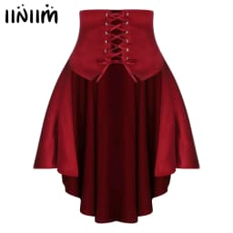 Womens Gothic Steampunk Satiny Pirate Skirt Front Lace-up Tiered Ruffled Irregular Hem Skirt Waist Belt Vintage Medieval Costume