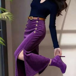 French purple corduroy hip skirt women's autumn and winter straight good-looking split-ended chenille long skirt