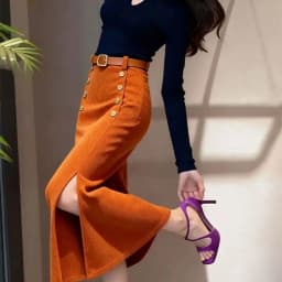 French purple corduroy hip skirt women's autumn and winter straight good-looking split-ended chenille long skirt