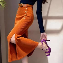 French purple corduroy hip skirt women's autumn and winter straight good-looking split-ended chenille long skirt