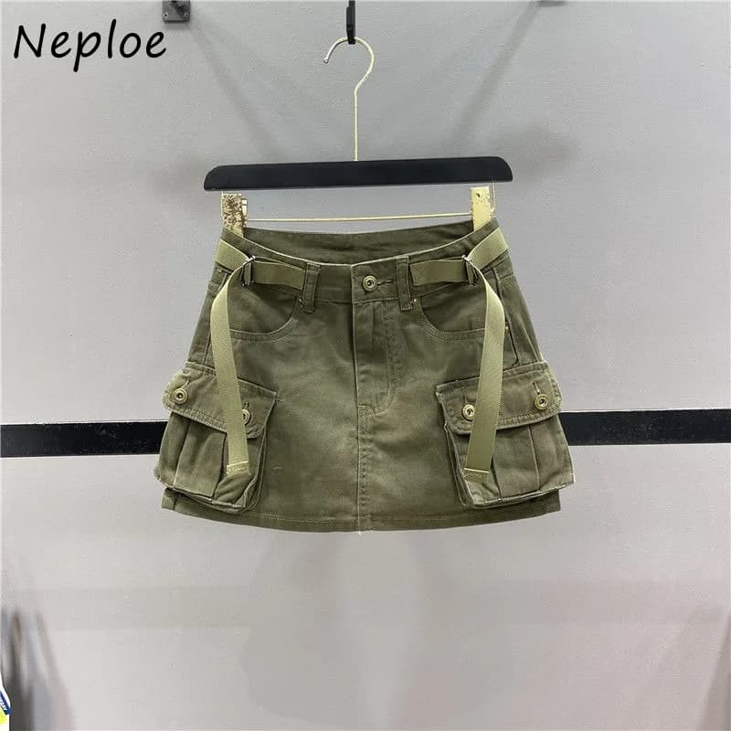 Neploe Vintage Army Green Denim Skirt for Women 2026 Summer New Bodycon A-line Skirts Y2k High Waist Pocket Faldas Mujer