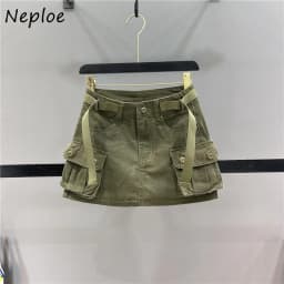 Neploe Vintage Army Green Denim Skirt for Women 2026 Summer New Bodycon A-line Skirts Y2k High Waist Pocket Faldas Mujer