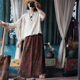 Johnature 2025 Autumn Woman New Original Elasticated Waistband Linen Skirt Fashion Vintage Retro Print Chinese Style Skirt