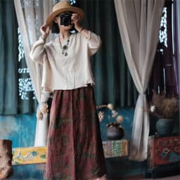 Johnature 2025 Autumn Woman New Original Elasticated Waistband Linen Skirt Fashion Vintage Retro Print Chinese Style Skirt