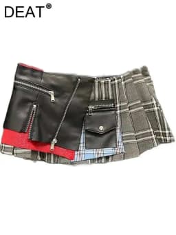 DEAT Women's Denim Skirt High Waist Pu Leather Patchwork Plaid Irregular Wrap Hip Mini Skirts 2026 Summer New Fashion 29L7565