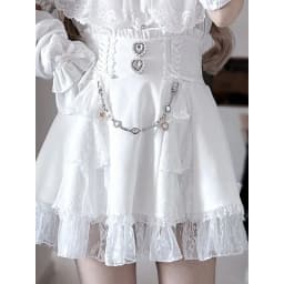 Sweet Kawaii Gothic Lolita Skirt Women Lace Ruffle High Waist Tiered Skirt with Bow Pearl Chain Decor Cute A-line Mini Skirt