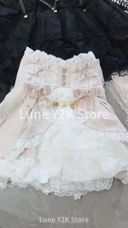 Sweet Kawaii Gothic Lolita Skirt Women Lace Ruffle High Waist Tiered Skirt with Bow Pearl Chain Decor Cute A-line Mini Skirt