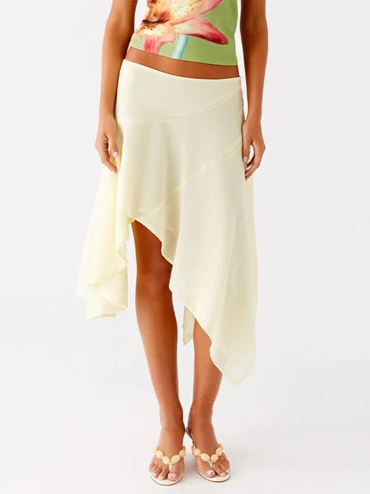 High Waist Asymmetrical Hem Midi Skirt Ruffle Flowy Irregular Hem A Line Skirts 2026 Summer Elegant Casual Vacation Chic Outwear