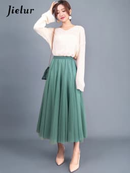 Jielur Skirts Womens Autumn 3 Layers Princess Tulle Mesh Pleated Skirt Saia Female Jupe Summer Tutu Skirts Faldas Mujer Moda