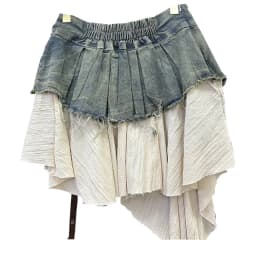 Retro Spliced Denim Pleated Skirt for Women Summer New Temperament Hot Girl Fashionable High Waist A-line Skirt