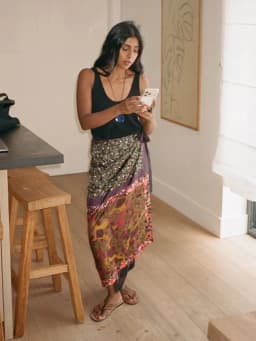 High Waist Wrap Tie Midi Skirt Color Block Abstract Floral Patchwork Print Flowy Satin Skirts 2026 Summer Holiday Boho Chic Wear