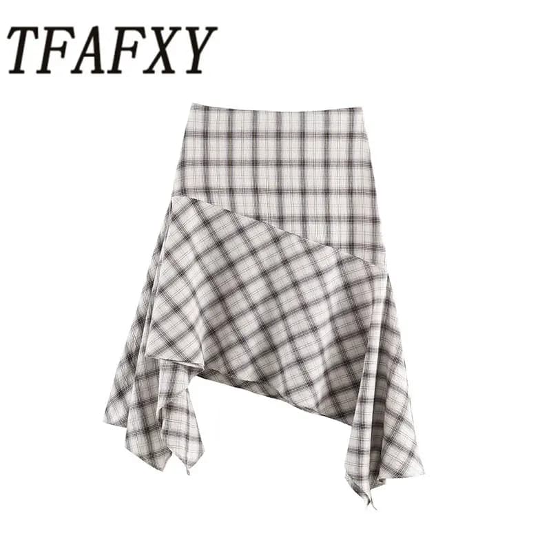 TFAFXY 2026 Spring New Women Chic Elegant Plaid Asymmetry A- Line Skirts For Women High Street Casual Holiday Skirt Y2K