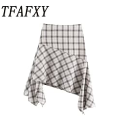 TFAFXY 2026 Spring New Women Chic Elegant Plaid Asymmetry A- Line Skirts For Women High Street Casual Holiday Skirt Y2K