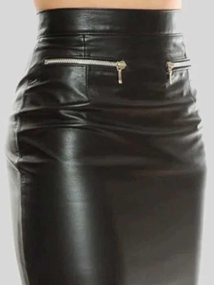 High Waist Stretch PU Mid Skirts Women Four Zip Matte Leather Knee Length Skirts Ladies Back Hem Split Pencil Skirts Custom New