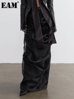 [EAM] High Waist Black Pleated Mesh Irregular Long Elegant Half-body Skirt Women Fashion Tide New Spring Autumn 2026 1DH4715