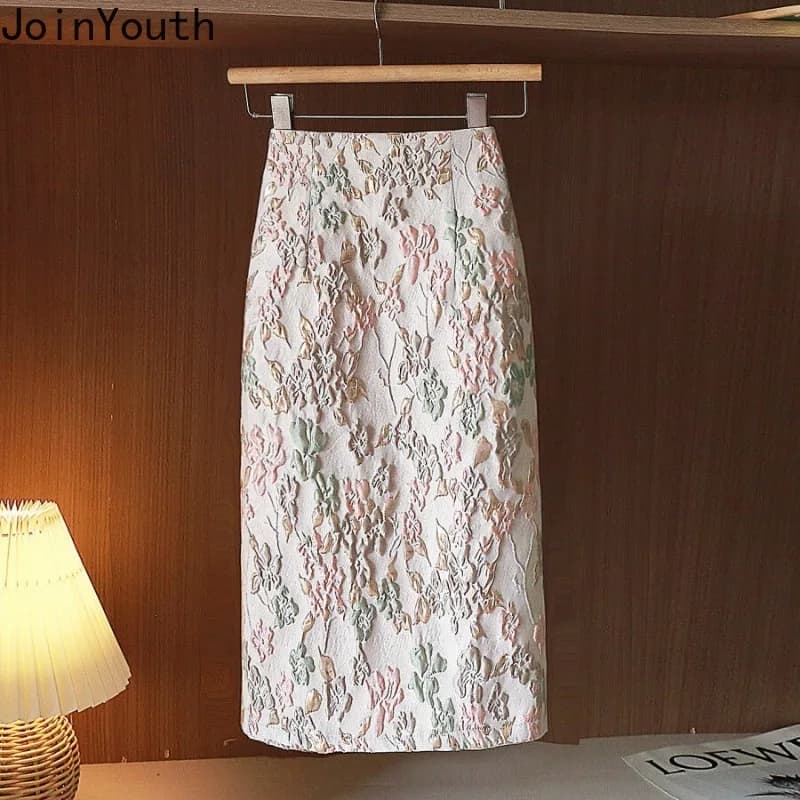 Floral Skirts for Women Korean Jupe 2025 Faldas Mujer De Moda High Waist A-line Fashion Saia Split Bodycon Temperament Skirt
