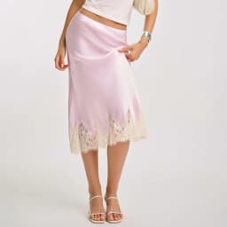Combhasaki Women Satin Slip Midi Skirt Floral Lace Sheer Hem Trim Patchwork Silky Underskirt Y2k Low Rise A-Line Slips Skirts