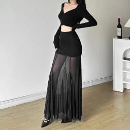 Sylcue 2024 Spring New Black Mysterious Sexy Hot All-match Trendy Personalized Women's Perspective Thin Skirt