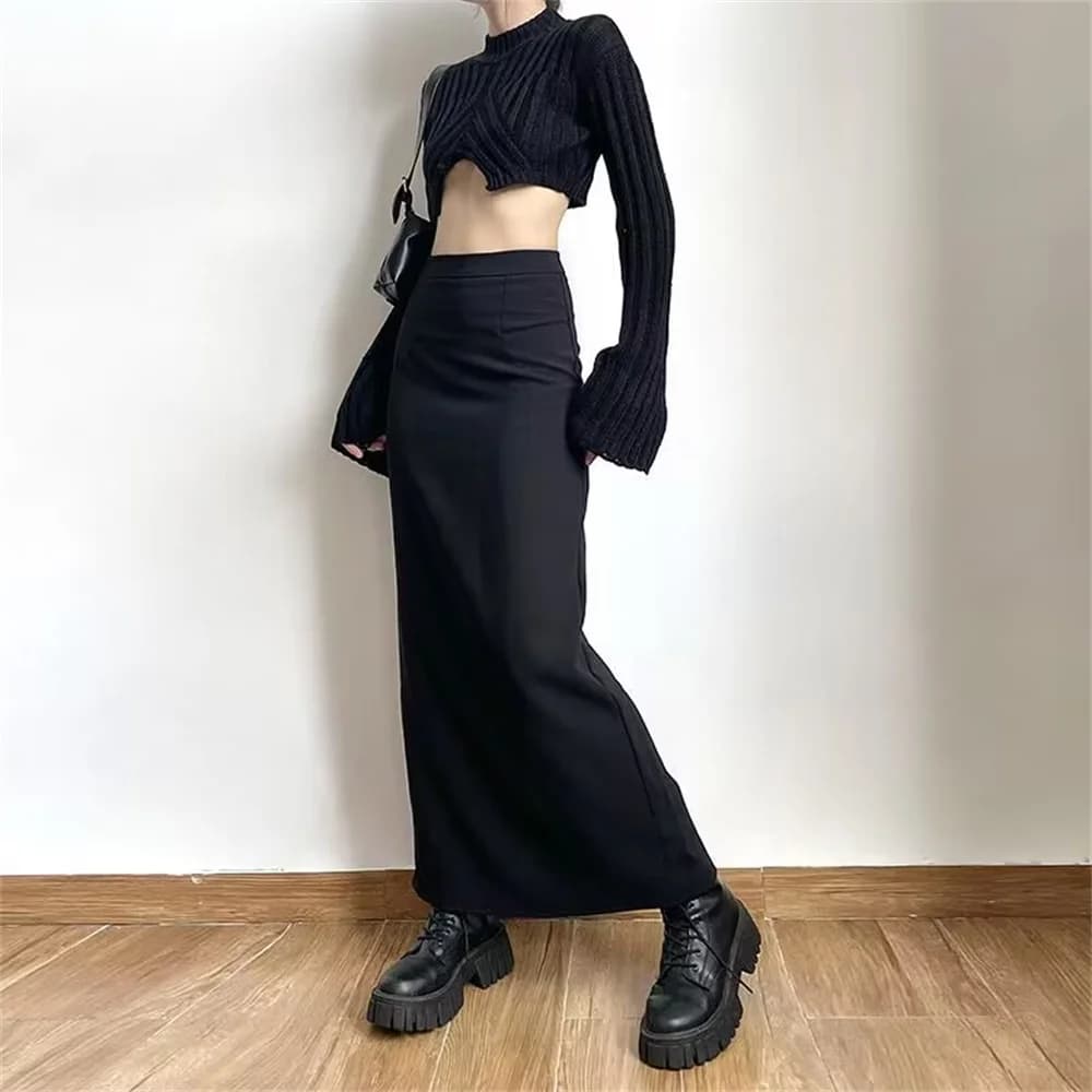 2024 New Spring Summer Black Long Skirts Women Pure Back-slit Designed High Waist Elegant Office Lady Korean Fashion Clothing