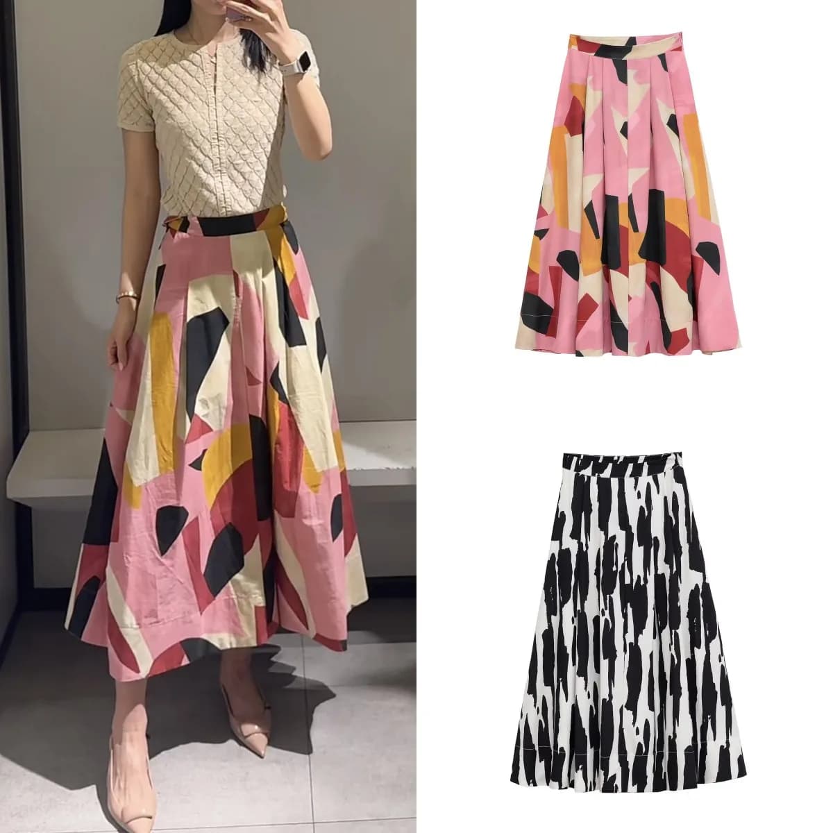 ETJ 2025 Spring new women's elegant romantic A-type color matching printed high-waist MIDI skirt