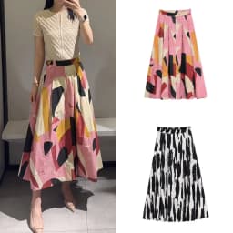 ETJ 2025 Spring new women's elegant romantic A-type color matching printed high-waist MIDI skirt
