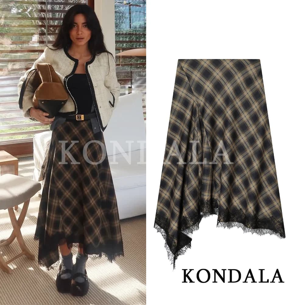 KONDALA Elegant Plaid Lace Hem Skirt Women Trendy High Street Midi Skirt New 2026 Spring Summer Fashion Holiday Chic Lady Skirt