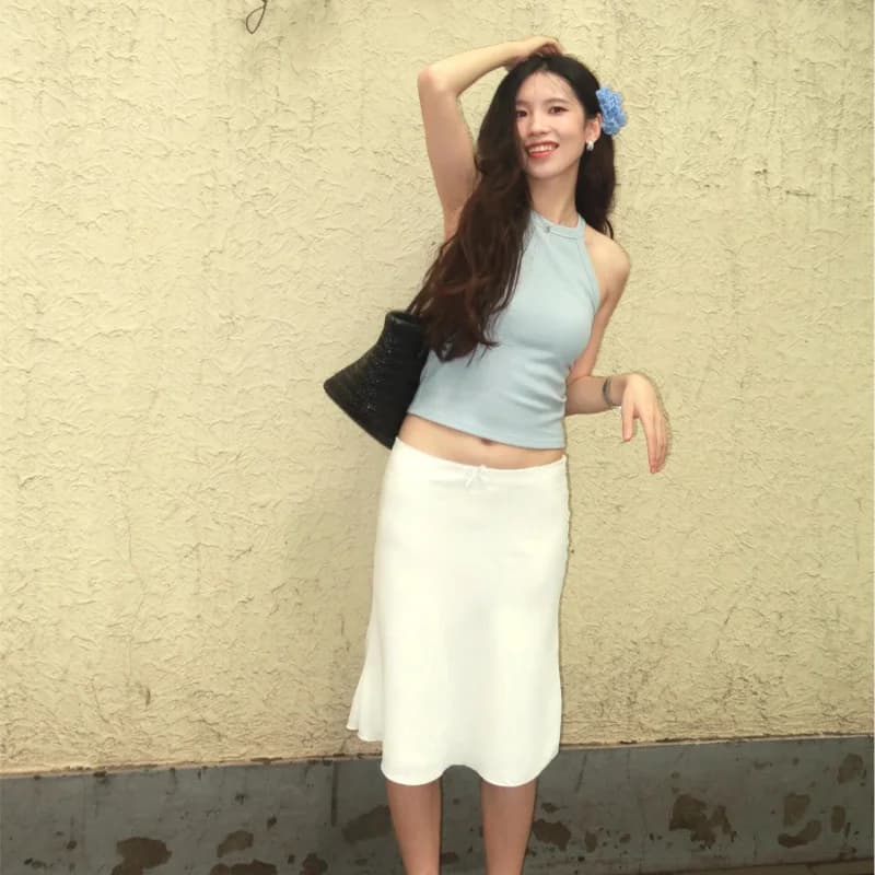 Low Waist Lace Trim Skirt Women Spring Summer Pure Desire Sexy Small Bow Knot Pleated Wrap around mid Length Skirt