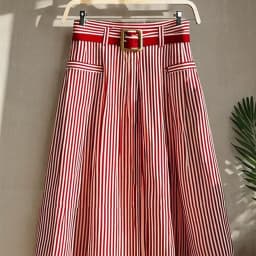 Chiffon A-line Striped Umbrella Skirt Women's High Waisted Temperament Pleated Skirt Vintage Faldas Largas Summer
