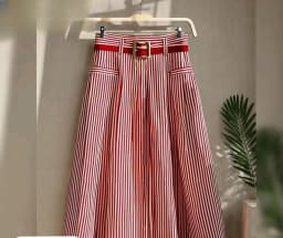 Chiffon A-line Striped Umbrella Skirt Women's High Waisted Temperament Pleated Skirt Vintage Faldas Largas Summer