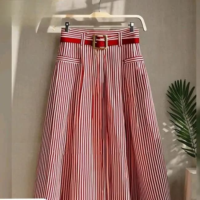 Chiffon A-line Striped Umbrella Skirt Women's High Waisted Temperament Pleated Skirt Vintage Faldas Largas Summer