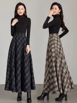 New Women Thick Woolen Skirt Autumn Winter Fashion Elastic High Waist A-Line Long Plaid Skirt Elegant Easy Match Wool Skirt