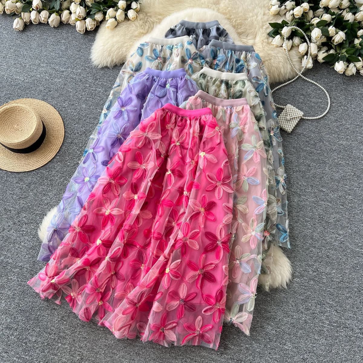 Autumn Winter Flower Embroidery Sequin Mesh Midi Skirts Women 2026 Korean Style Fashion Elegant High Waist Faldas