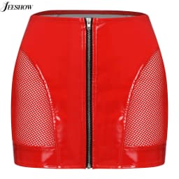 Womens PU Leather Front Zipper Mini Skirt Side Sheer Mesh Patchwork High Waist Bodycon Micro Skirt Wet Look Club Party Miniskirt