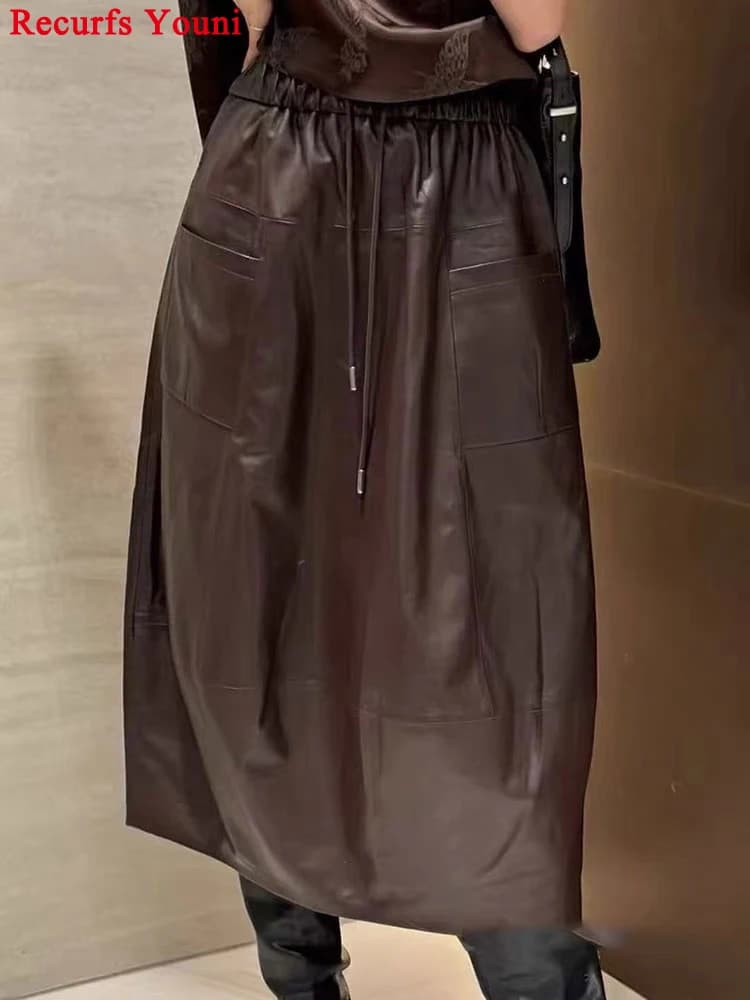 High Fashion Leather Bud Skirt for Women Spring Female 100% Leather Drawstring Waist Pocket Long Tulip Skirt Harajuku Jupe Femme