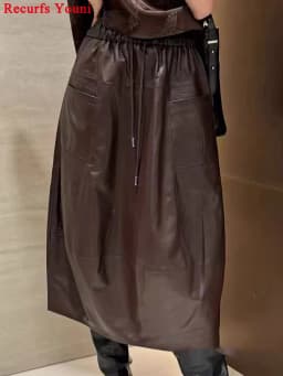 High Fashion Leather Bud Skirt for Women Spring Female 100% Leather Drawstring Waist Pocket Long Tulip Skirt Harajuku Jupe Femme