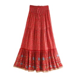 Happie Queens Women Red Floral Print Beach Bohemian Skirt High Elastic Waist Rayon Cotton Boho Maxi Skirts Femme