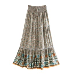 Happie Queens Women Red Floral Print Beach Bohemian Skirt High Elastic Waist Rayon Cotton Boho Maxi Skirts Femme