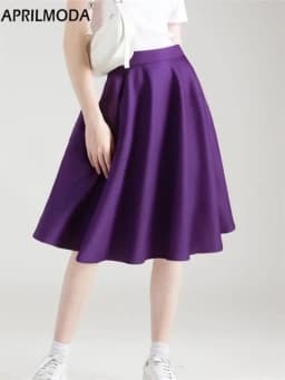 Purple Office OL Casual Women Summer Midi Long Skirt Solid Elegant Faldas Pinup High Waist A Line 50s Swing Skirts Streetwear