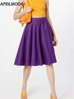 Purple Office OL Casual Women Summer Midi Long Skirt Solid Elegant Faldas Pinup High Waist A Line 50s Swing Skirts Streetwear
