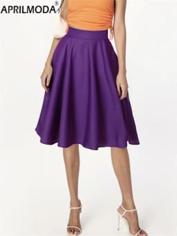 Purple Office OL Casual Women Summer Midi Long Skirt Solid Elegant Faldas Pinup High Waist A Line 50s Swing Skirts Streetwear