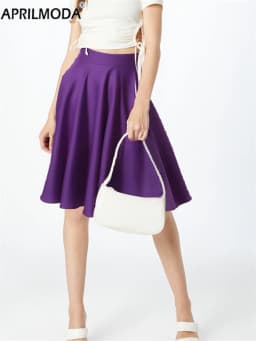 Purple Office OL Casual Women Summer Midi Long Skirt Solid Elegant Faldas Pinup High Waist A Line 50s Swing Skirts Streetwear