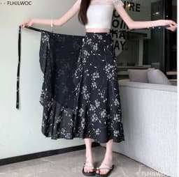 Wrap Up Chic Korea Clothes Women Cute Girls Floral Robe Holiday Beach Date High Waist Retro Vintage One-Piece Lace-Up Skirts