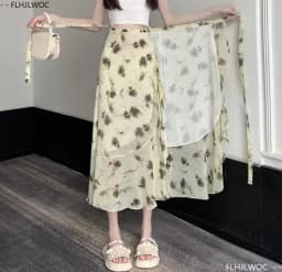 Wrap Up Chic Korea Clothes Women Cute Girls Floral Robe Holiday Beach Date High Waist Retro Vintage One-Piece Lace-Up Skirts