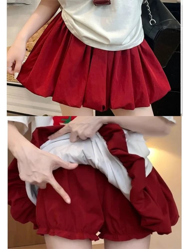 Red Petal Hem Bloom Skirt Women Summer Lightweight High Waist Flattering Fit Anti-Slip Lining Petite A-Line Mini Flowy Skirt